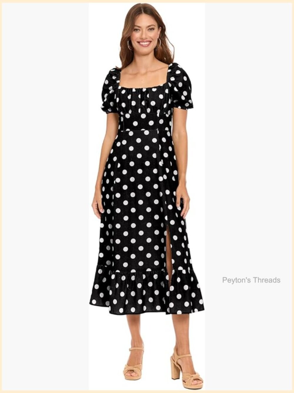 Vintage Polka Dot Square Neck Puff Sleeve Midi Dress - Wedding Guest & Party